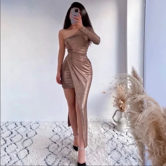 green emerald velvet dress Embellished Bandeau Cowl-Waist Mini Dress in Gold main image 1